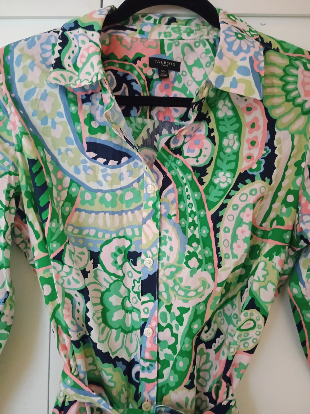 Talbots Green and Light Blue Paisley Shirtdress 10P - Picture 6 of 6